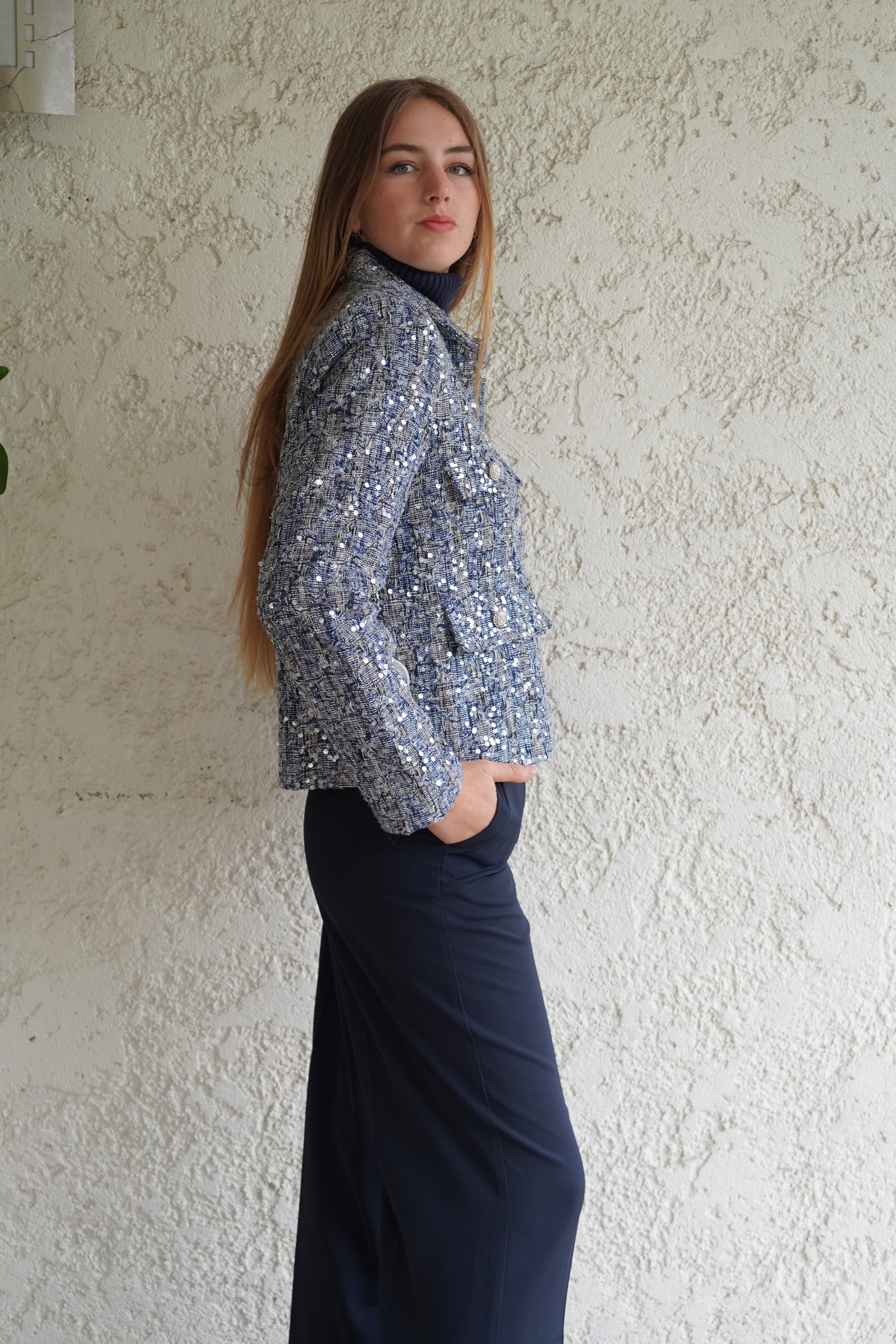 Chaqueta cuadrille azu con lentejuelas transparentes botones plateados