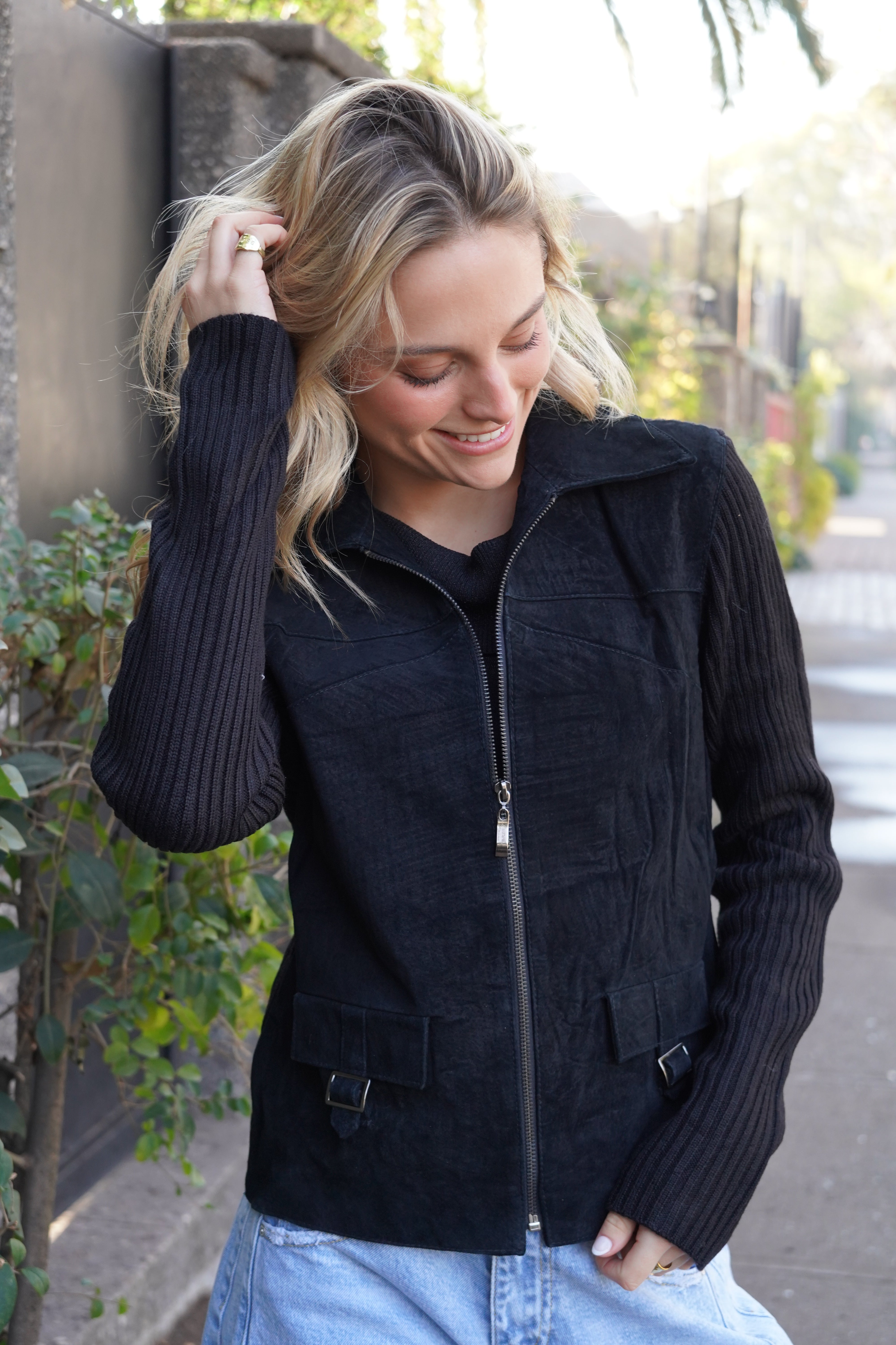 Chaqueta doble textura tejido y efecto gamuza negro