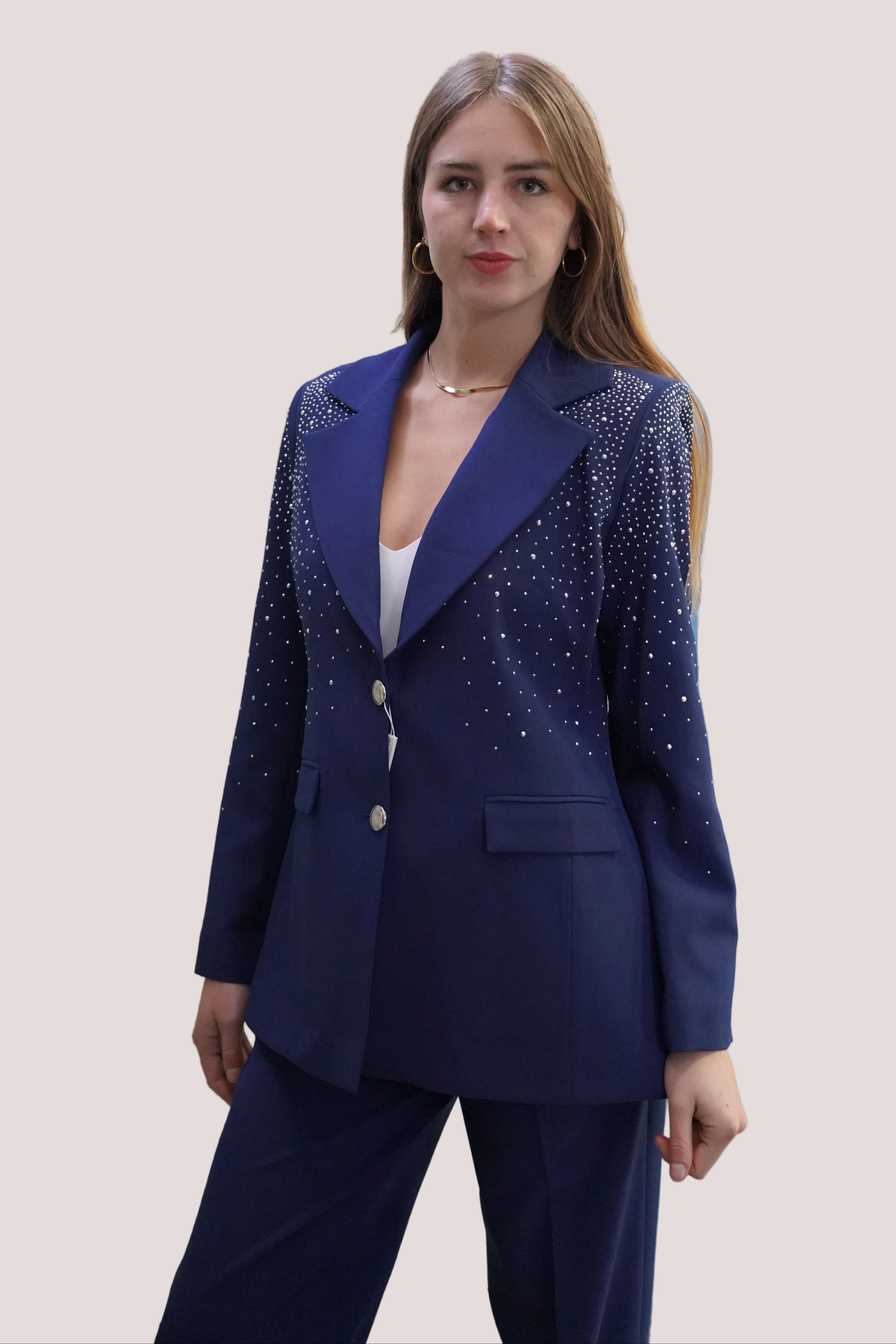 Conjunto traje detalle de strass en blazer azul