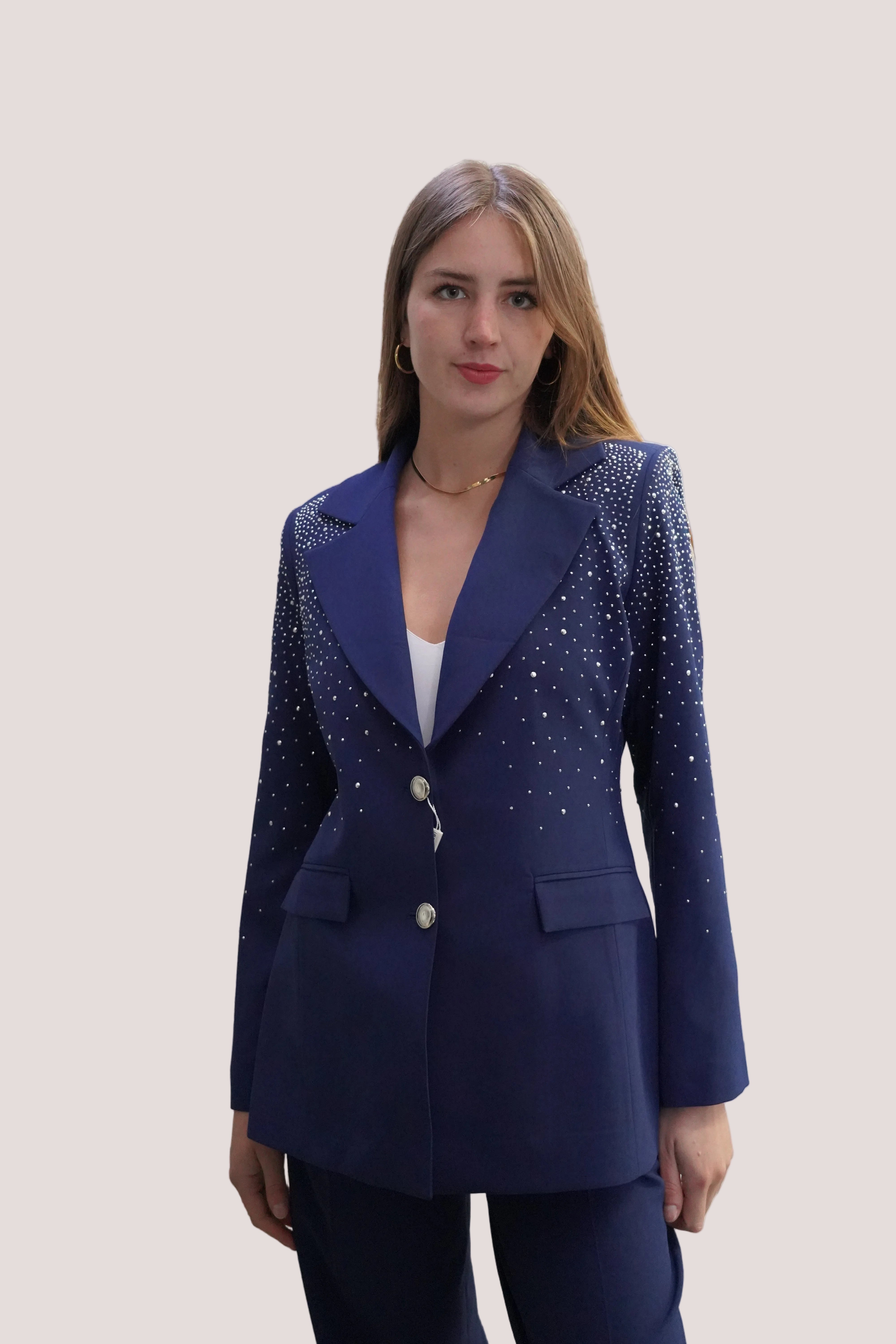 Conjunto traje detalle de strass en blazer azul