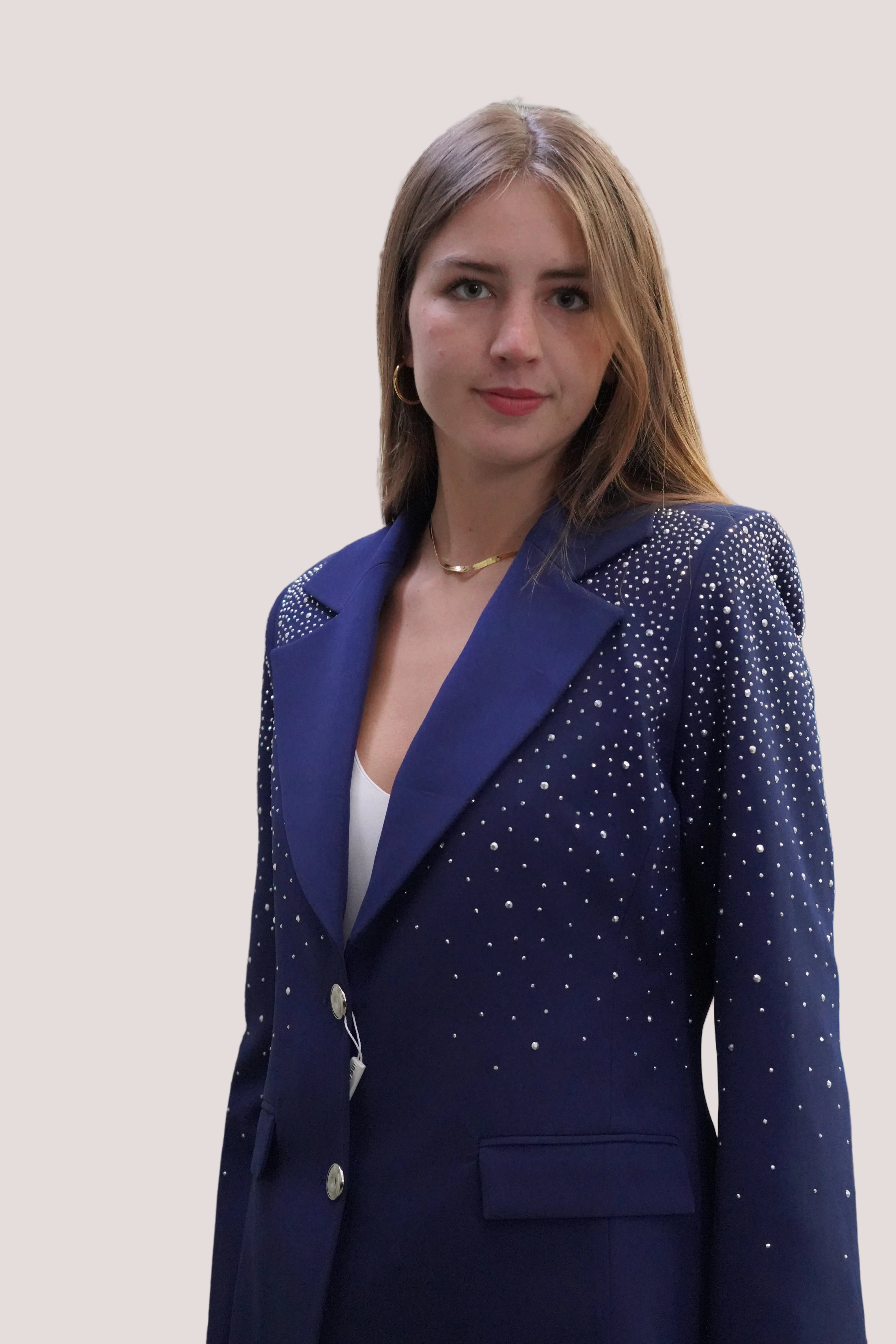 Conjunto traje detalle de strass en blazer azul