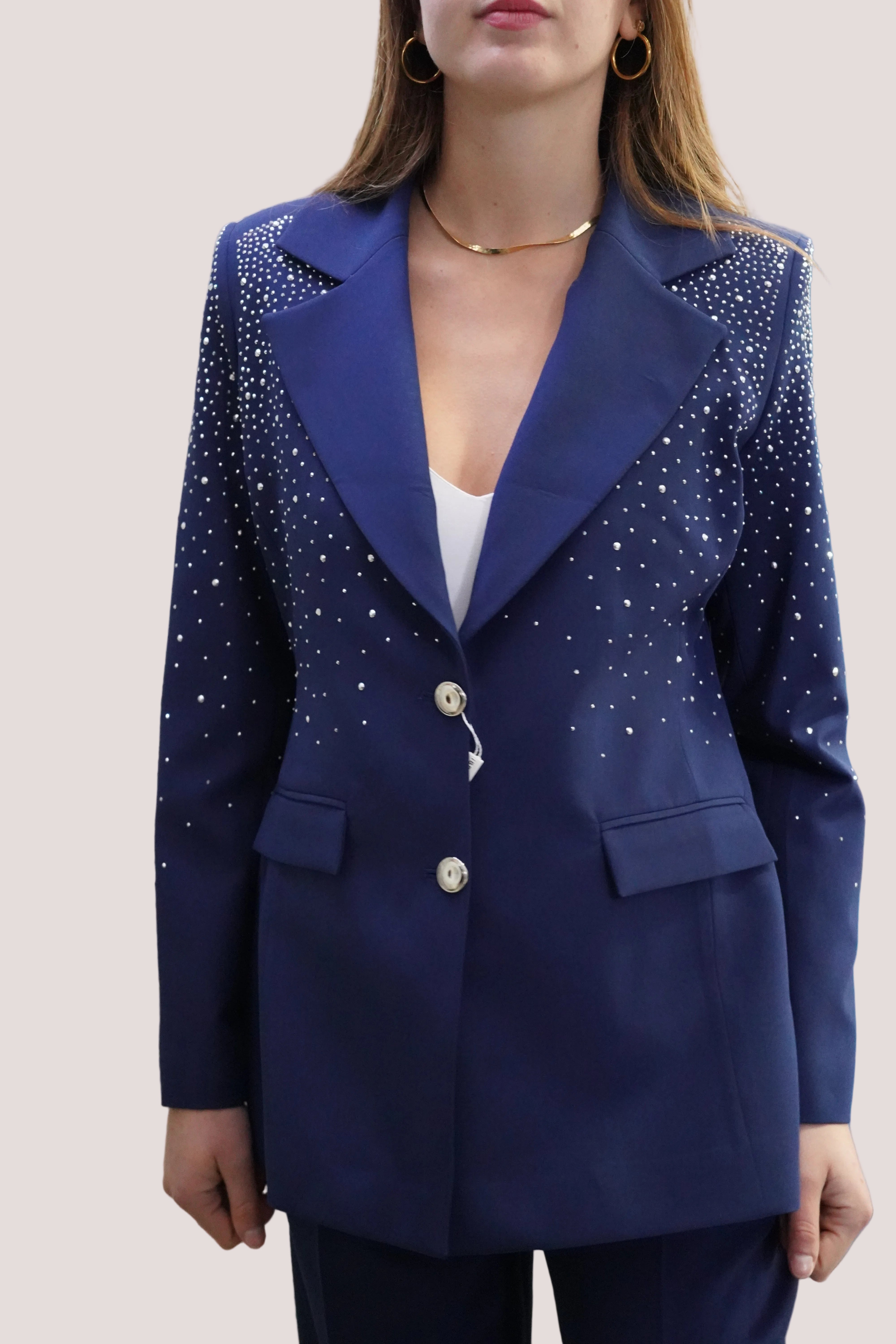 Conjunto traje detalle de strass en blazer azul
