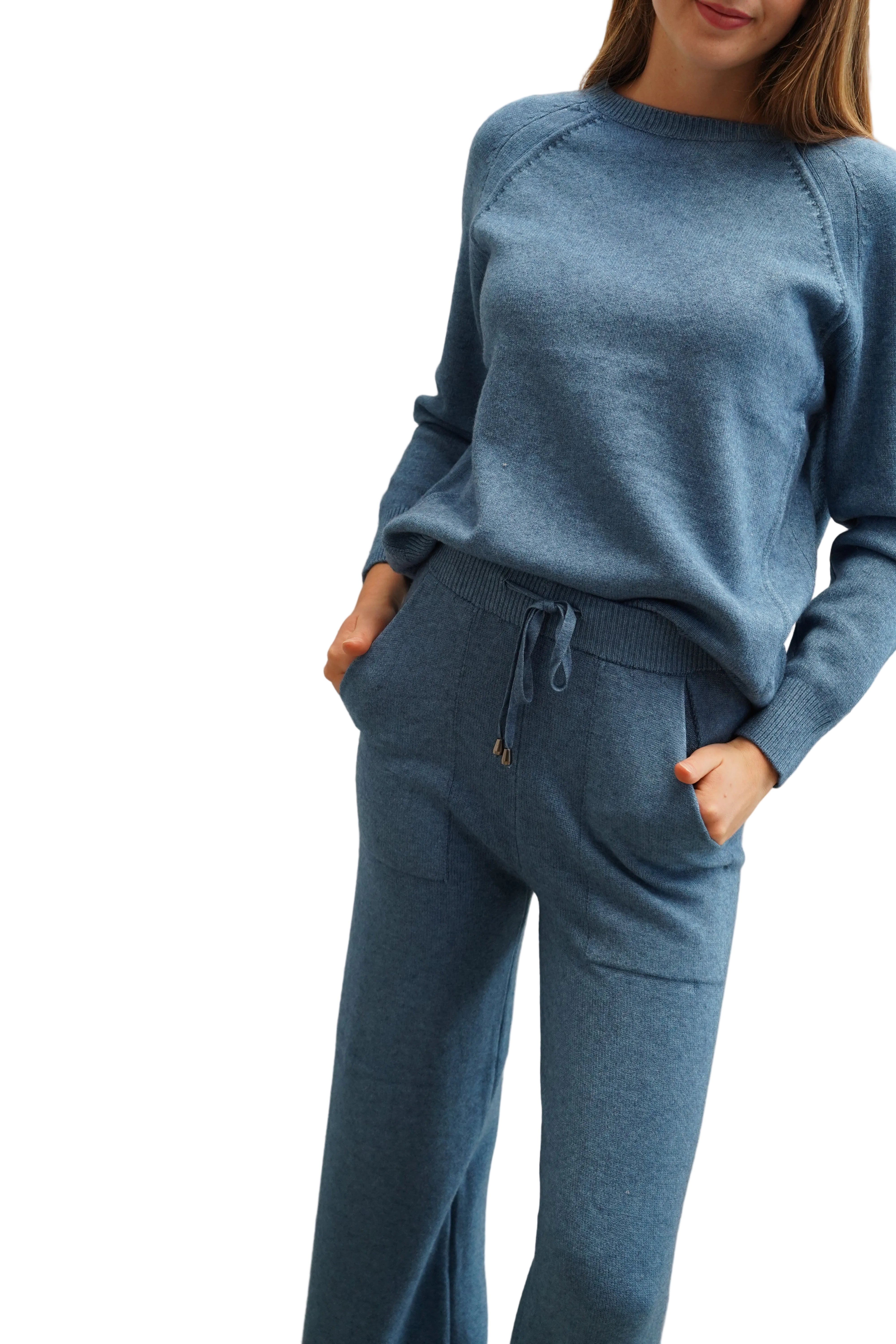 Conjunto azul acero chaleco cuello redondo pantalón cintura elasticada