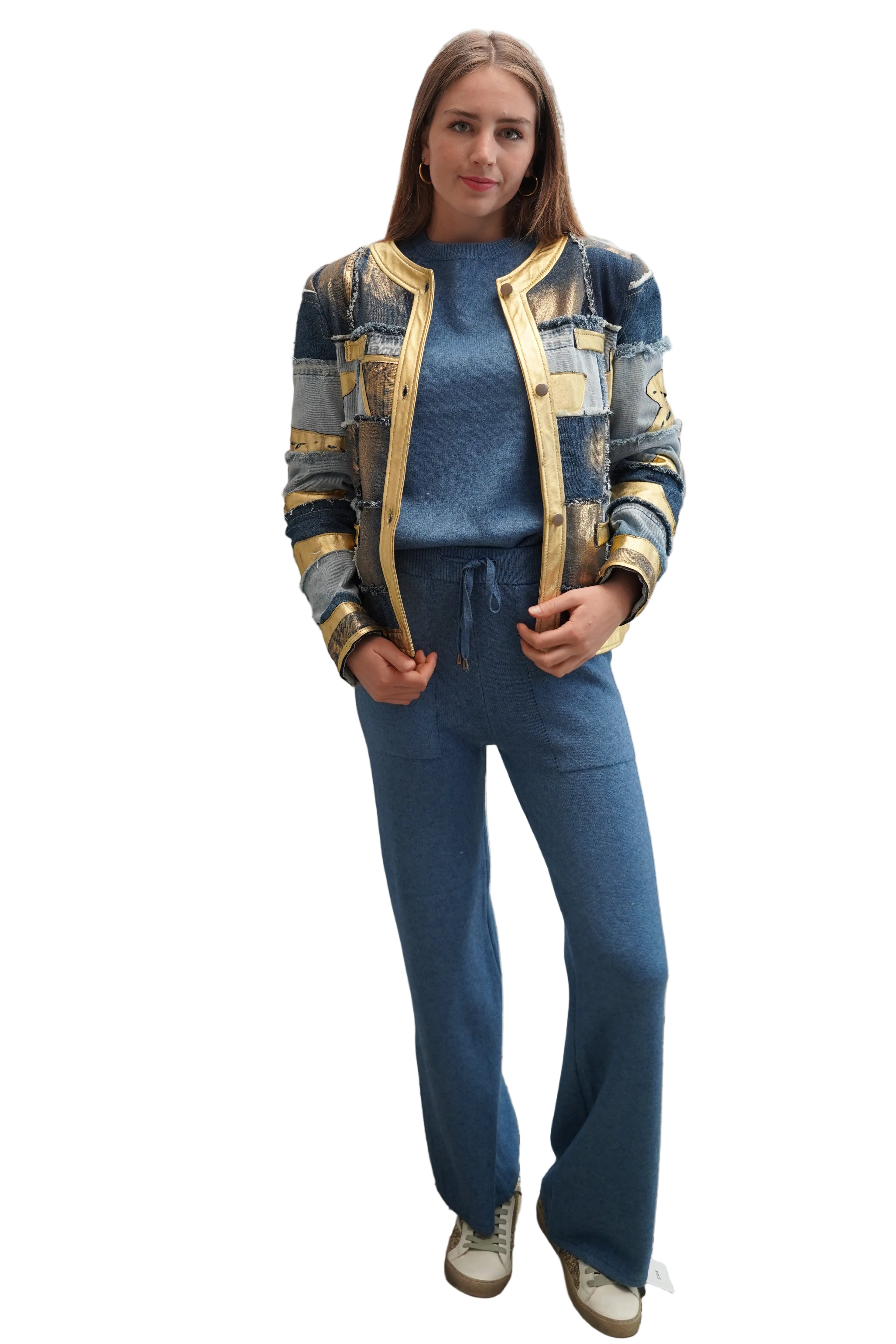 Conjunto azul acero chaleco cuello redondo pantalón cintura elasticada